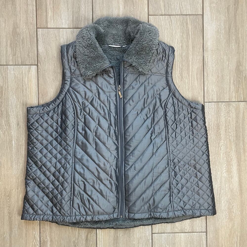 d&co Quilted Vest Womens 3X Gray Sherpa Lined Full Zip Plus Size